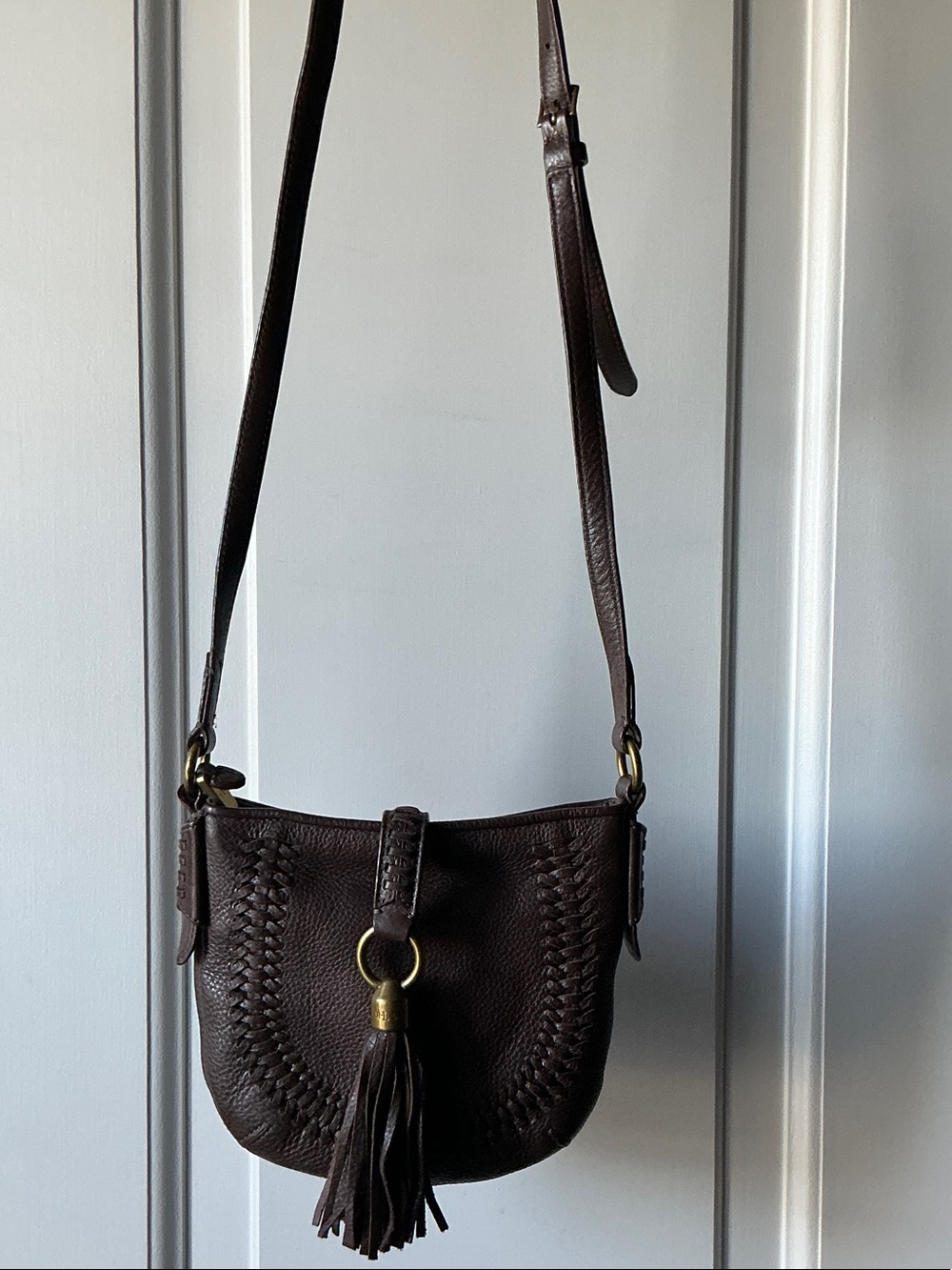 Ralph Lauren Whipstitch Dark Brown Leather Crossbody Bag with Tassel